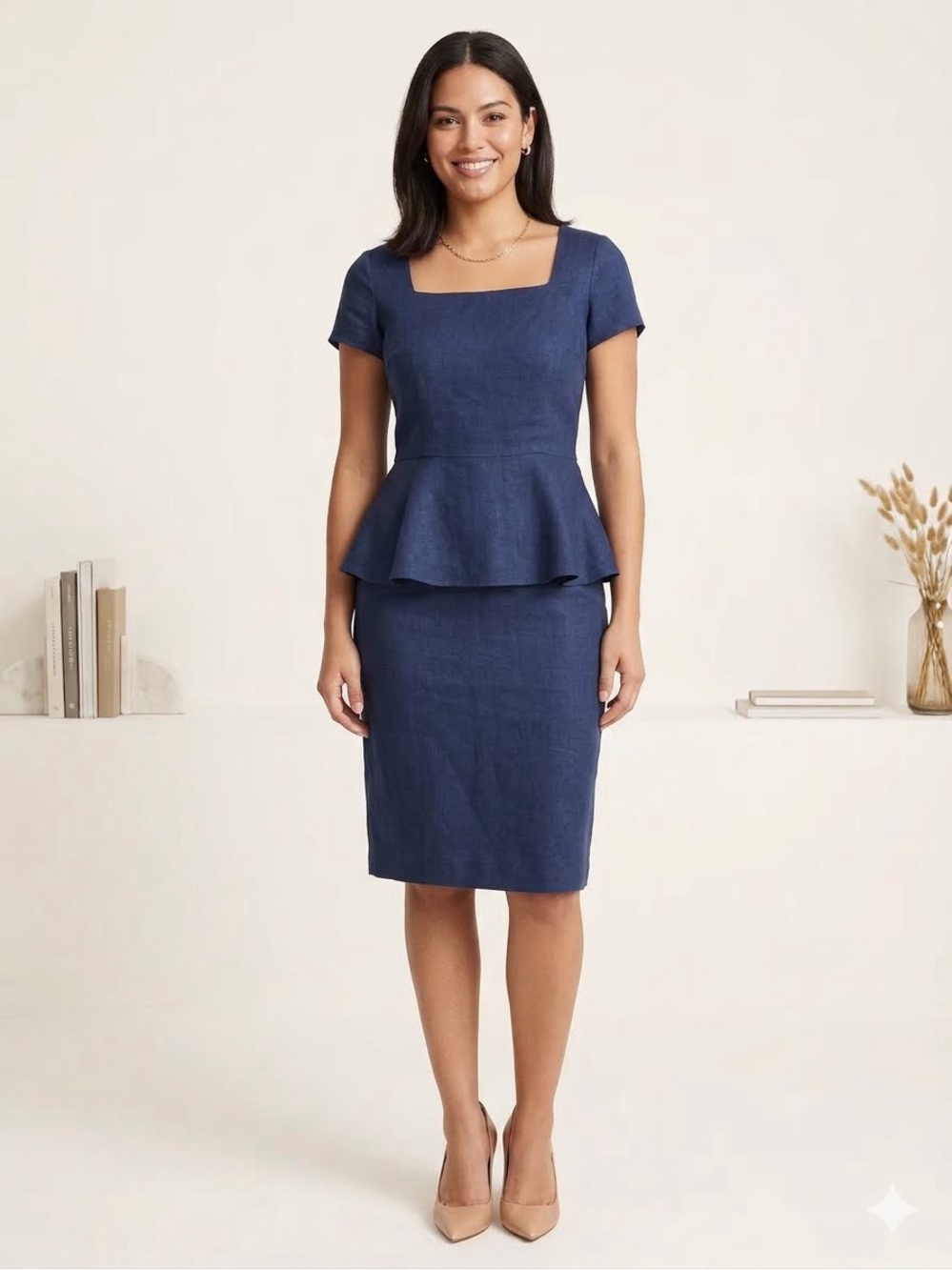 Lafayette 148 New York Blue Linen Peplum Dress Size 8 Short Sleeve Square Neck